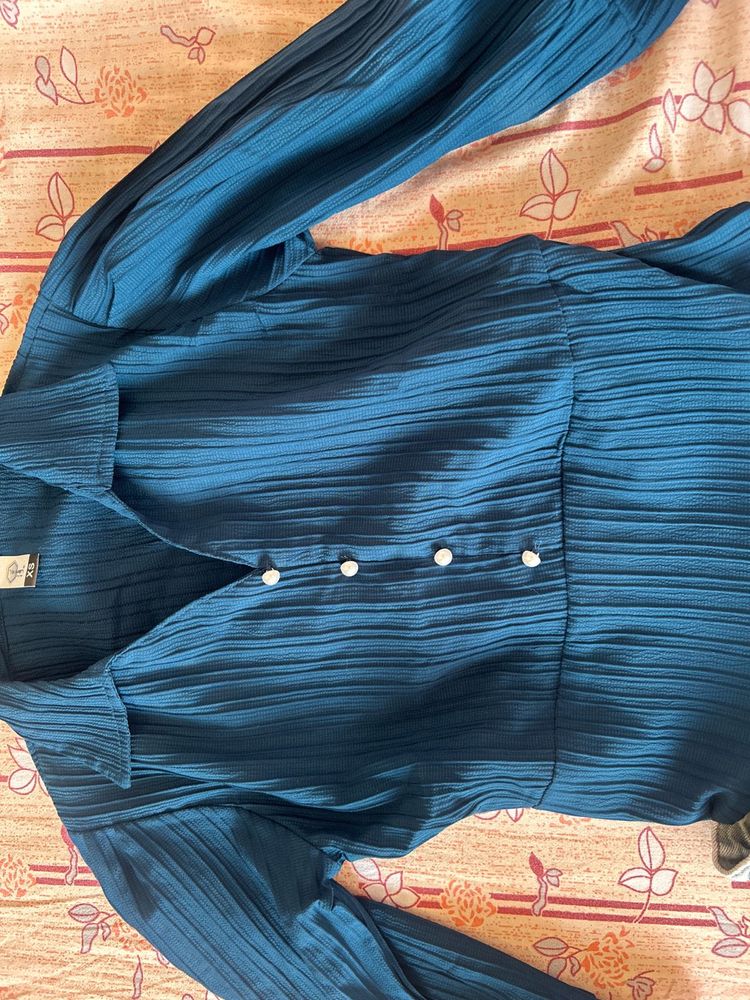 Teal Pleated Button-Down Top