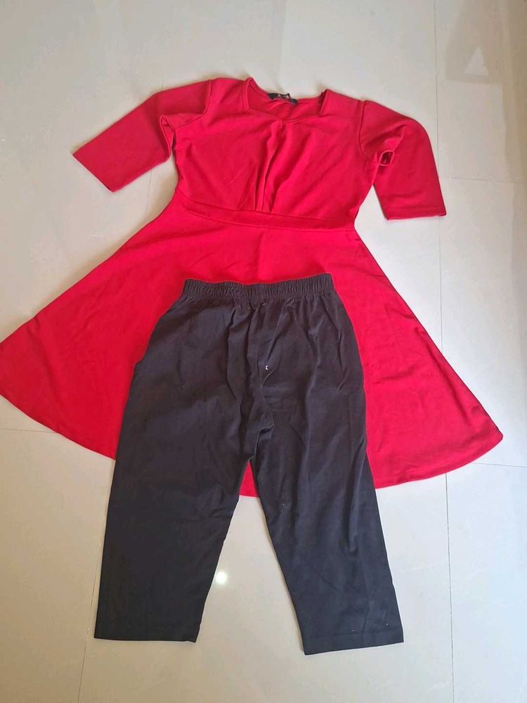 Bright Red Dress &amp; Black Pants Set
