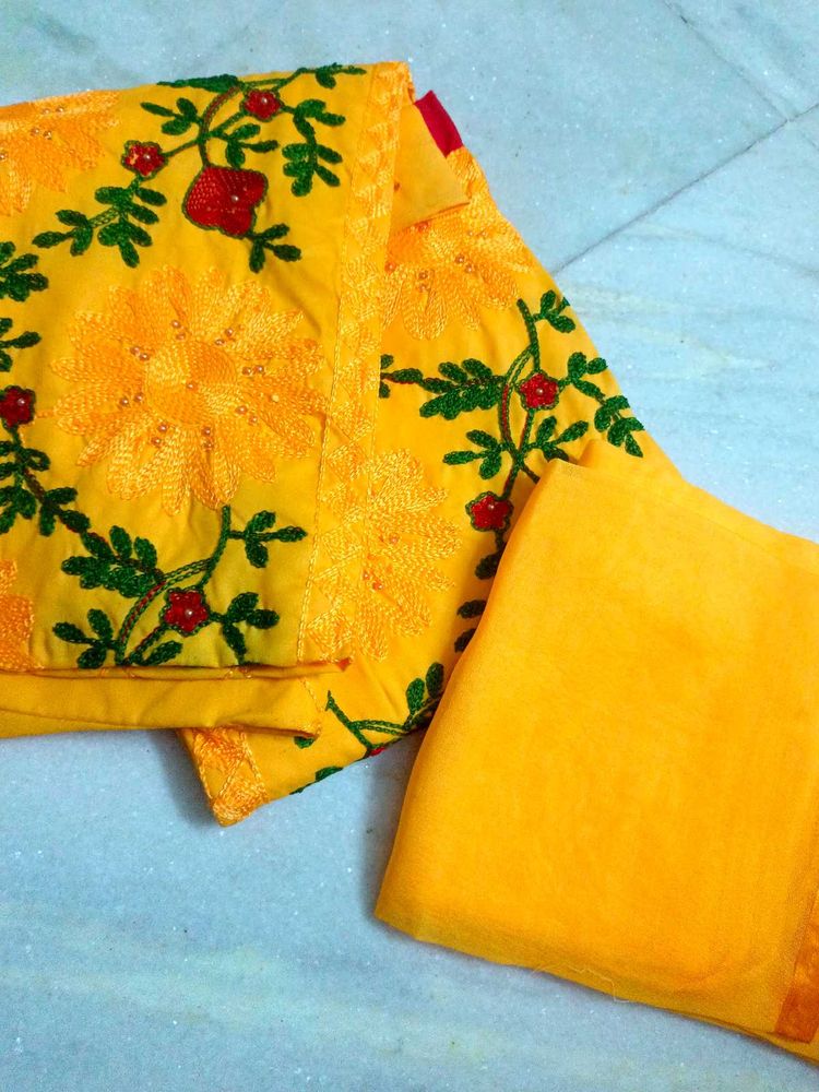 Vibrant Yellow Embroidered Kurta Set meterial