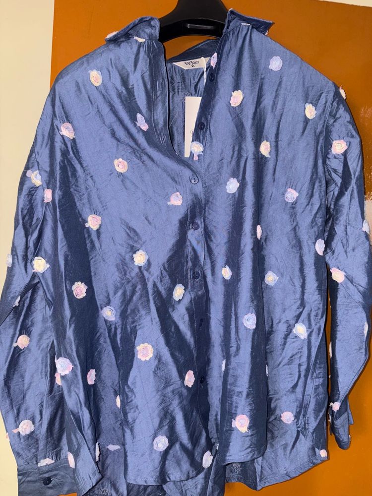 Blue Embroidered Button-Up Shirt