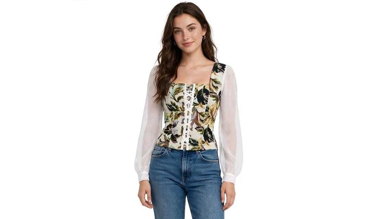 Chic Floral Corset Top with Sheer Sleeves