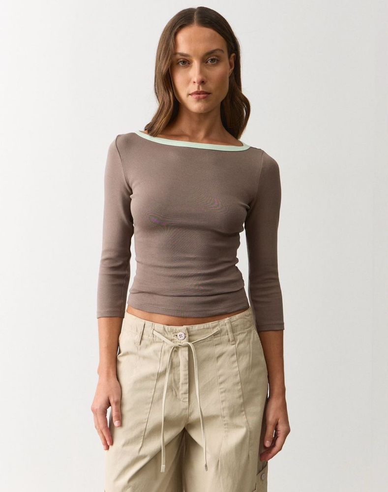 Brown 3/4 Sleeve Boat Neck Top