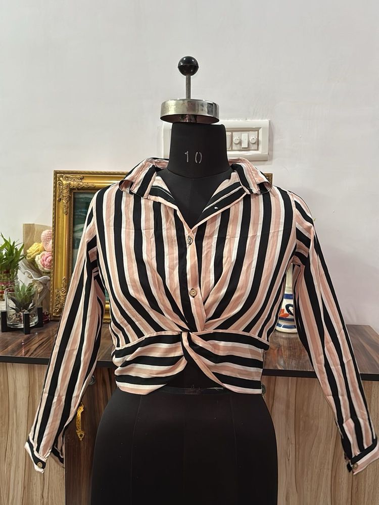 Striped Twist Front Crop Shirt