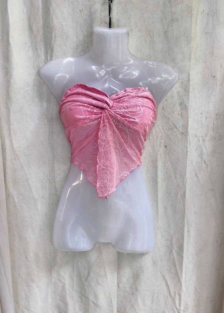 311110. Sheer Pink Rose Print Twist Halter Top