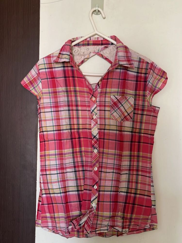 Pink Plaid Short Sleeve Top