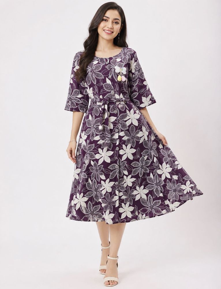 Purple Floral Print Midi Frock