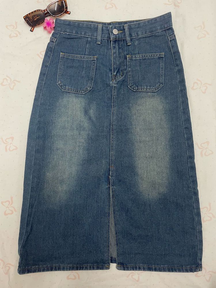 Denim Midi Skirt with Front Slit