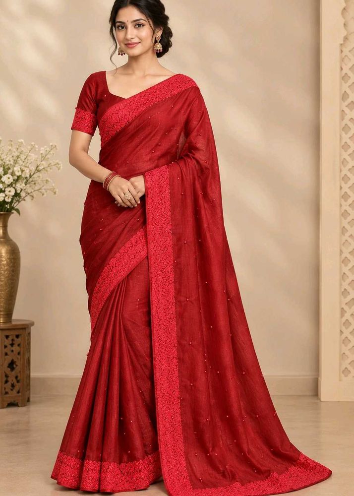 Elegant Red Embellished Silk Saree