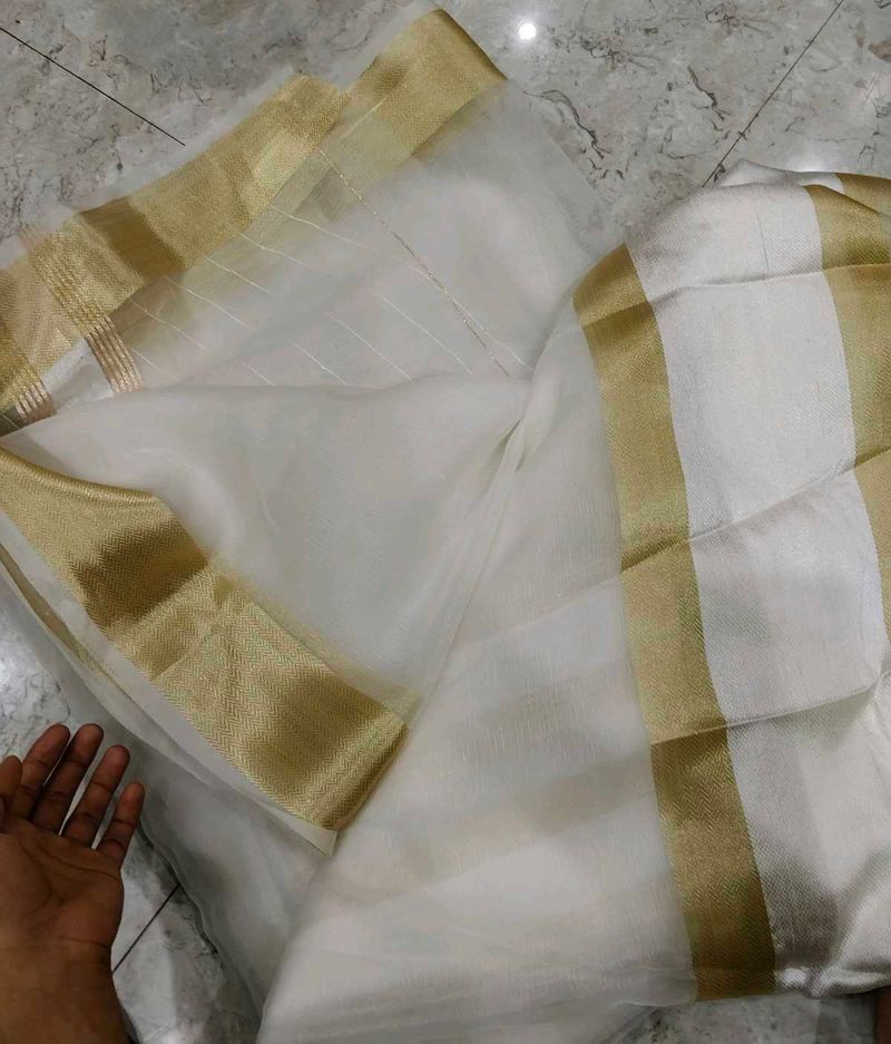 Elegant White Organza Saree with Gold Border