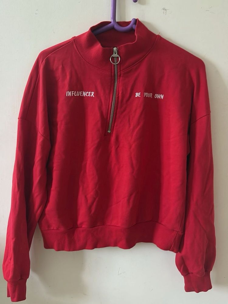 Red Cropped Quarter Zip Sweatshirt