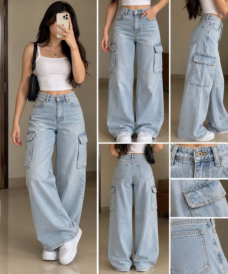 Light Wash Wide Leg Cargo Jeans