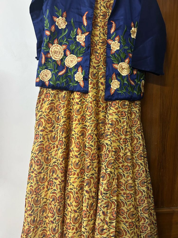 Embroidered Blue Jacket with Yellow Kurta