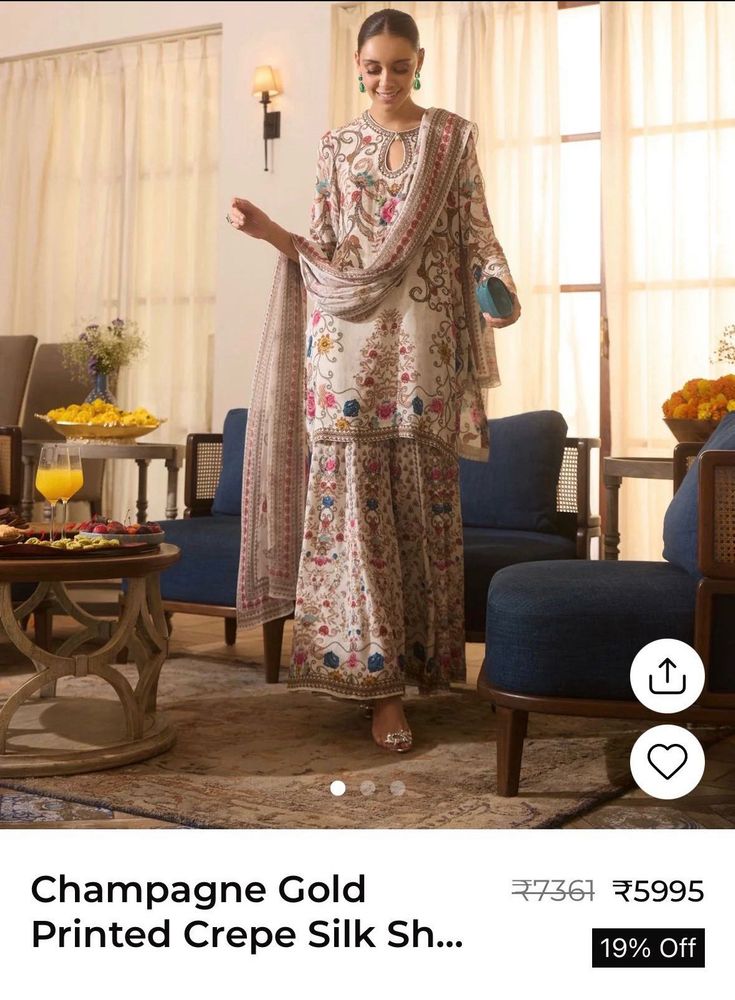 Champagne Gold Printed Crepe Silk Sharara Set