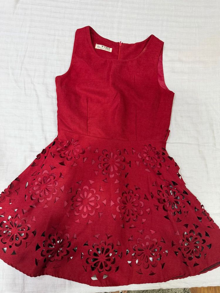 Red Floral Cutout Fit and Flare Dress