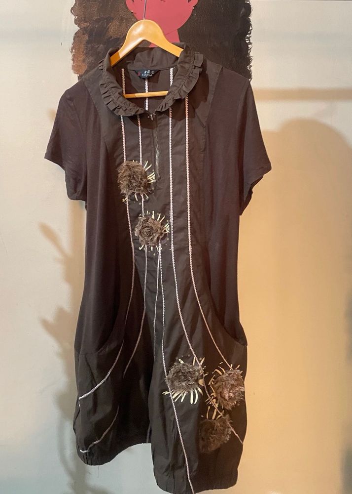 Brown Grunge Y2K Dress with Ruffle Collar