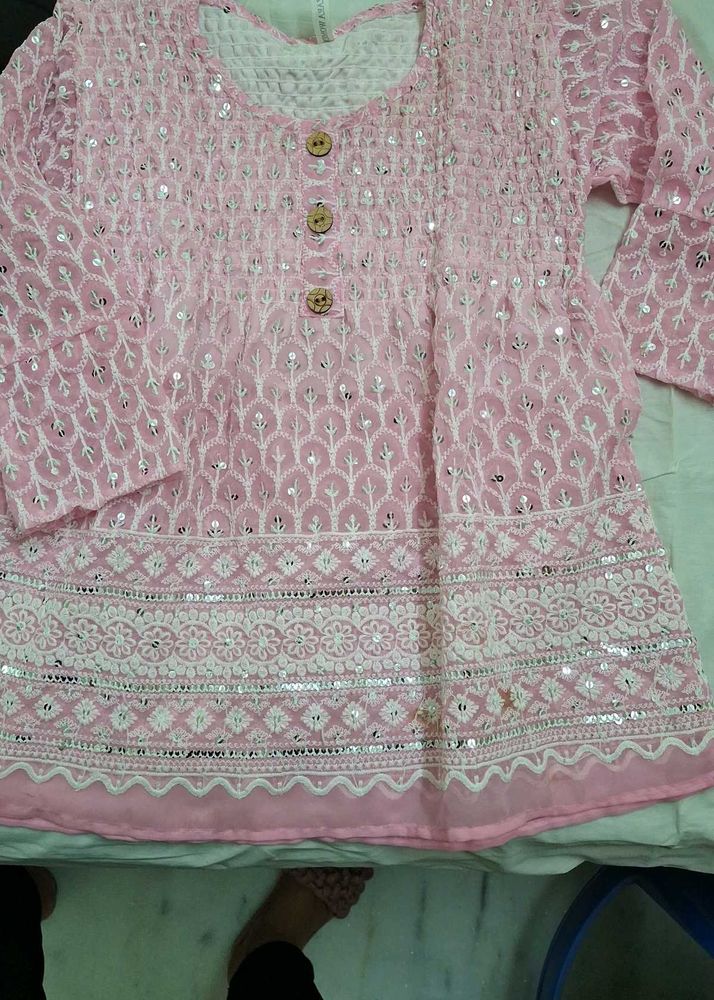 Embellished Pink Chikankari Kurta