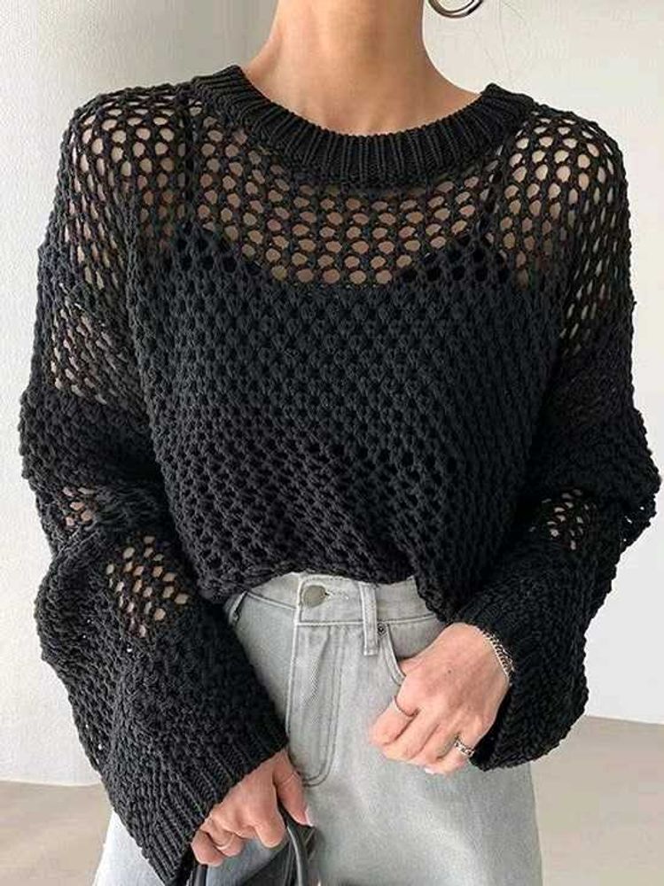 Chic Black Crochet Knit Sweater