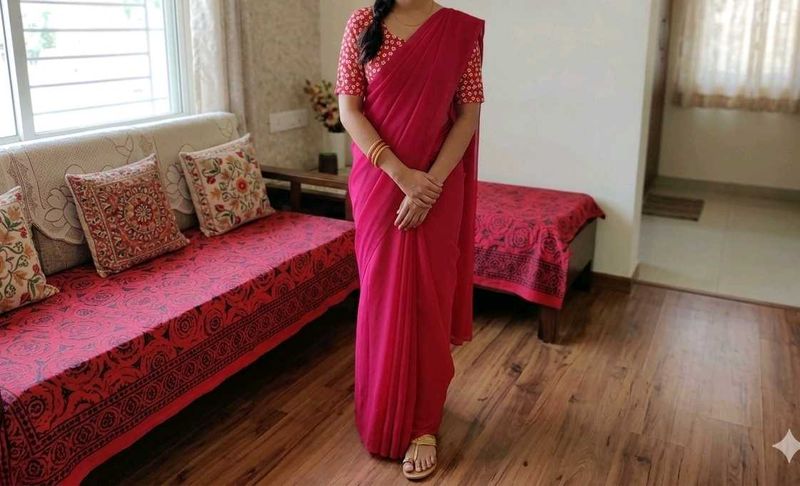 Elegant Red Saree with Printed Blouse