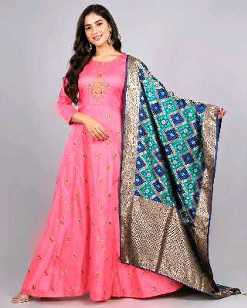 Elegant Pink ethnic gown with Embellished benarasi