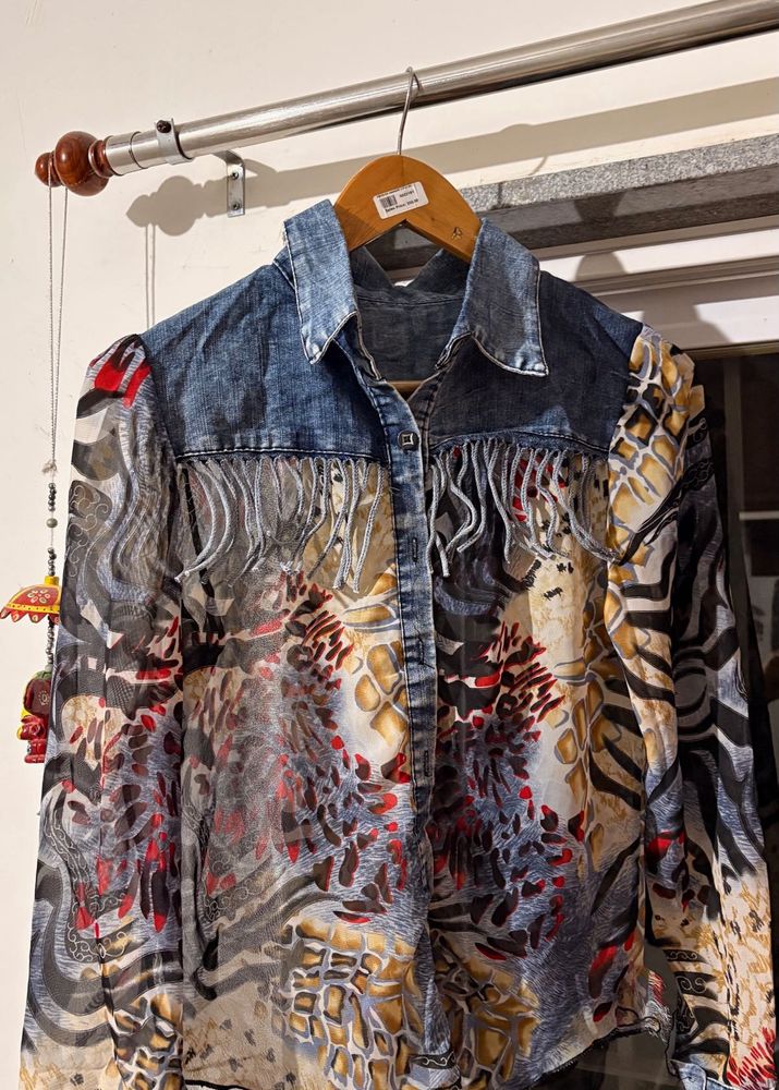 Unique Denim &amp; Print Fringe Shirt