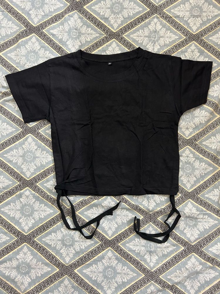 Black Cropped T-Shirt with Tie Detail