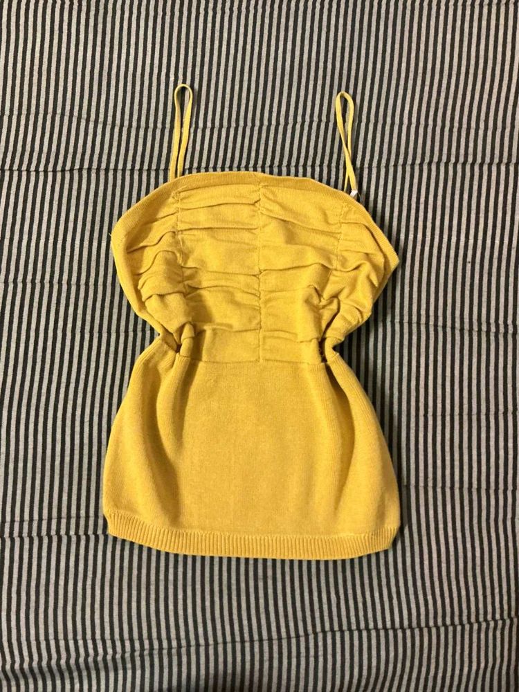 Chic Yellow Ruched Spaghetti Strap Top