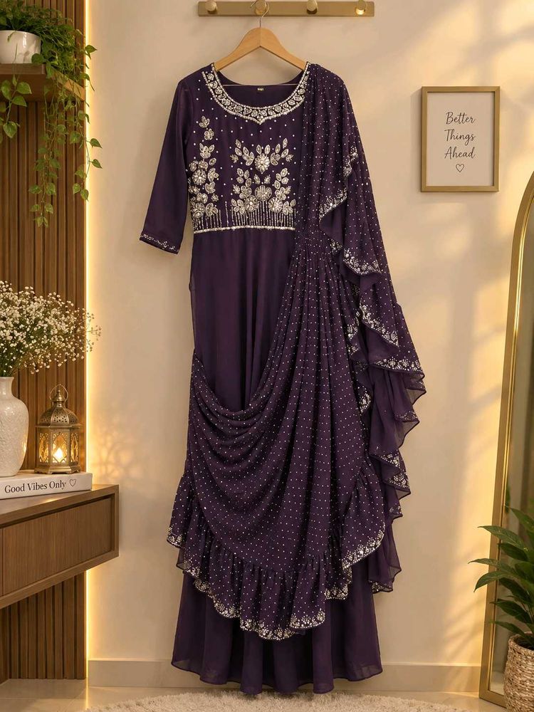 purple saree pattern gown