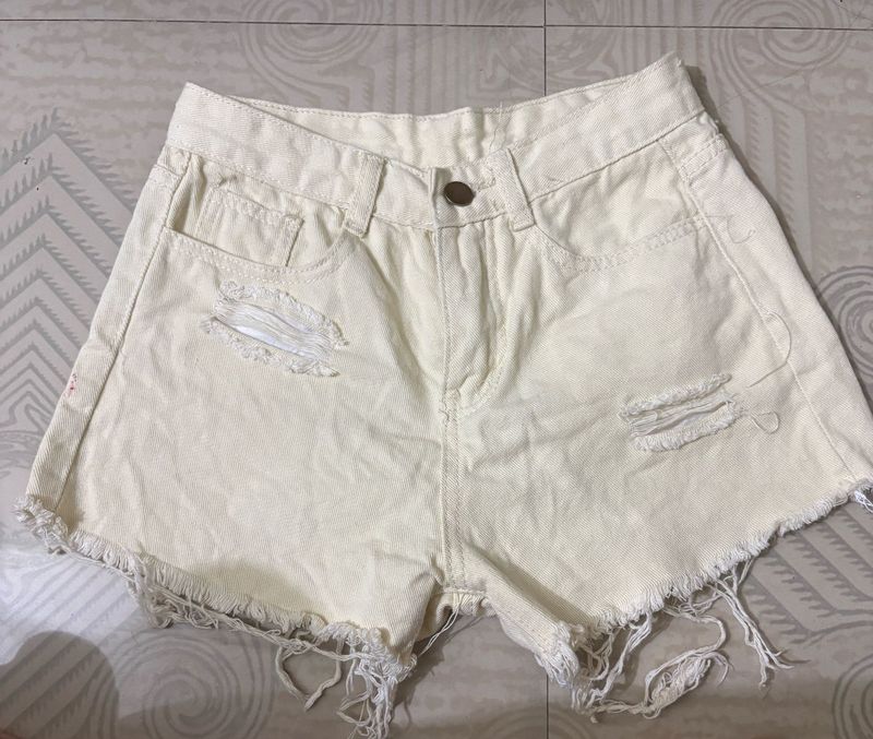 Cream Distressed Denim Shorts