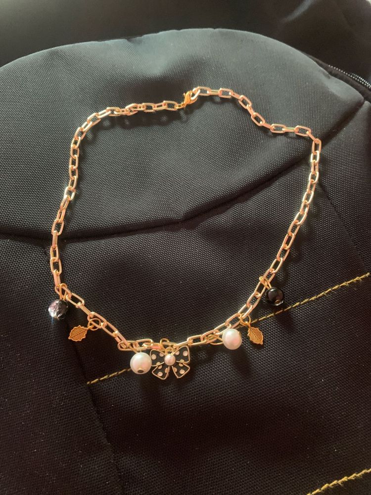 Gold Chain Bow &amp; Pearl Charm Necklace