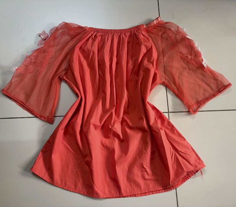 Coral Off-Shoulder Mesh Sleeve Top