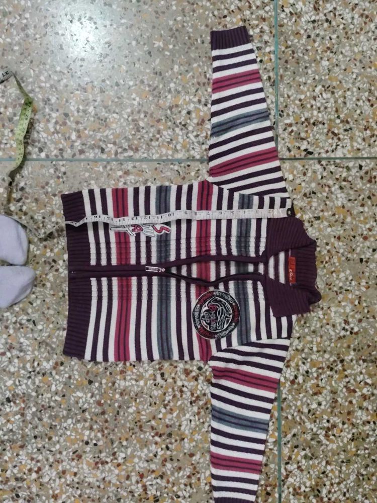 Striped Knit Zip-Up Sweater