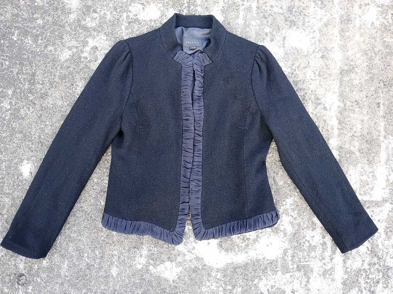 Korean Black Crop Jacket with Ruffled Details