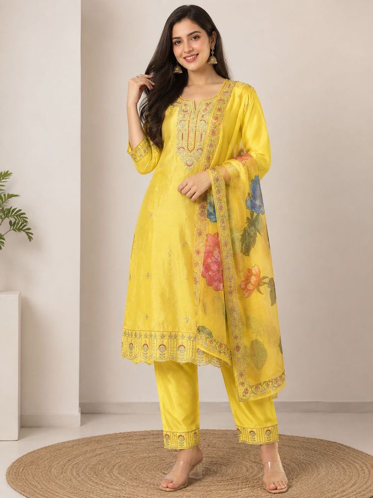 Yellow Embroidered Kurta Set with Dupatta