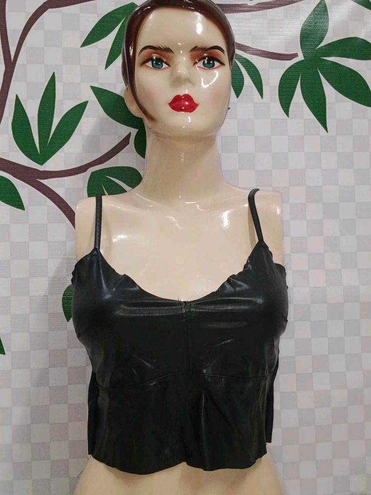 (1200)Black Faux Leather Cami Top