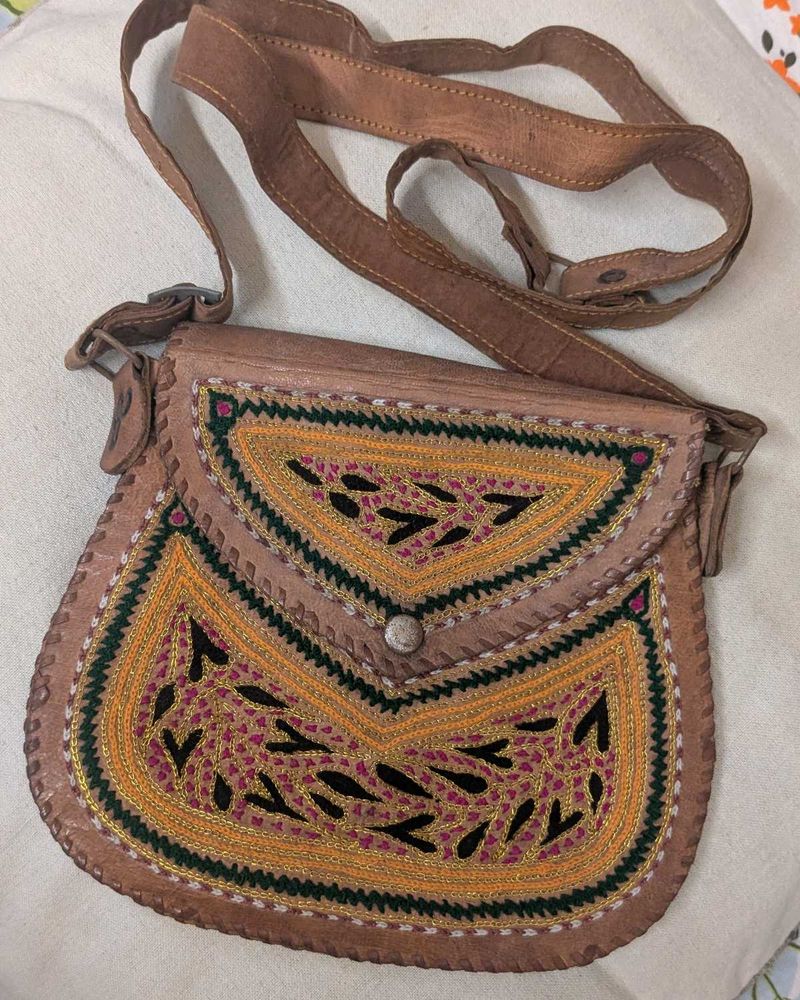100% Genuine Camel Leather Boho Style Sling Bag