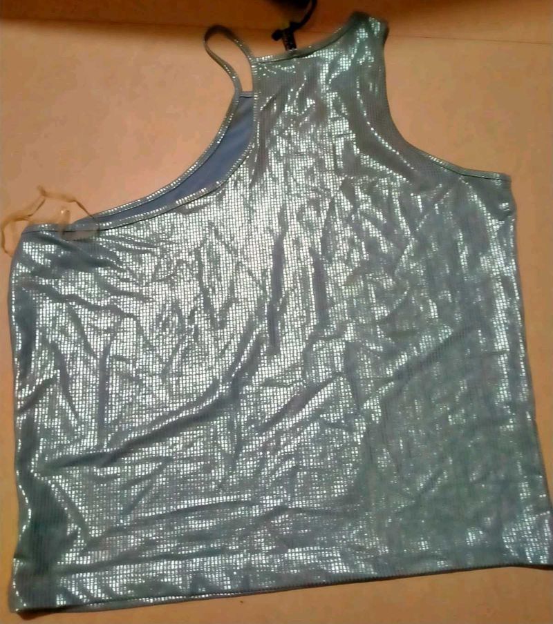 Sparkly Silver One Shoulder Top
