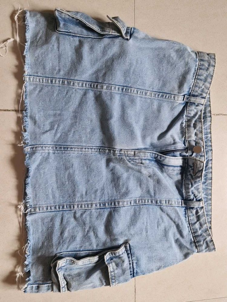 Light Wash Denim Cargo Mini Skirt
