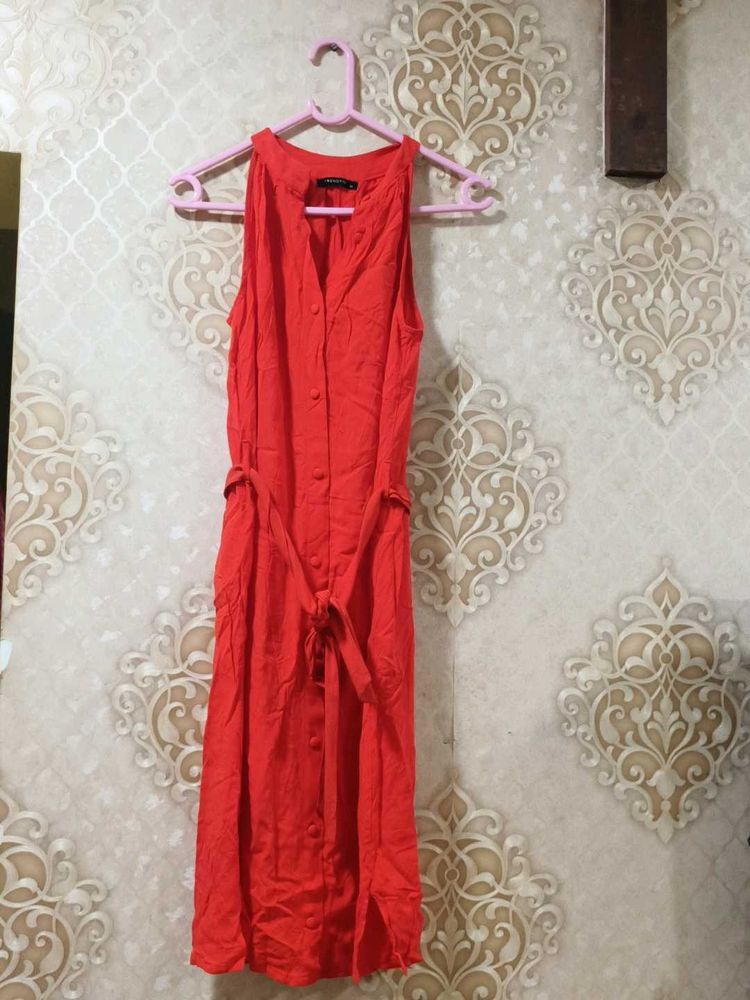Vibrant Orange Button-Down Midi Dress
