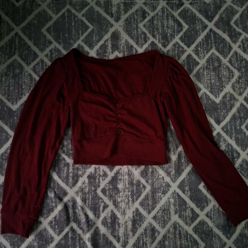 Maroon Ruched Long Sleeve Crop Top