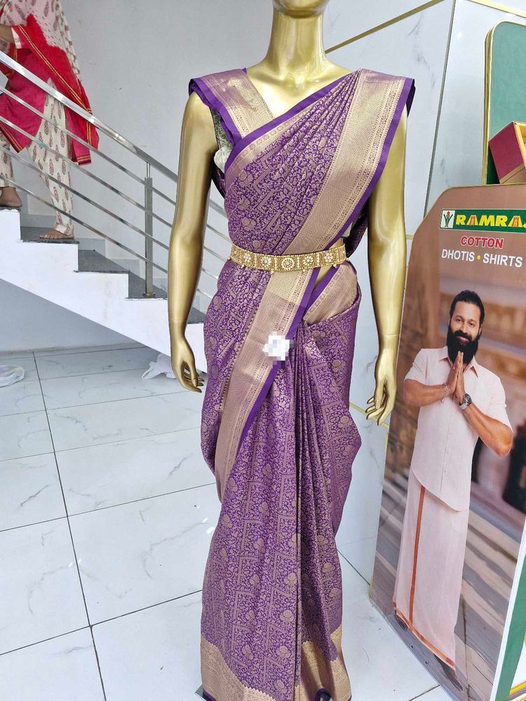 Exquisite Purple Silk Saree with Golden Weave