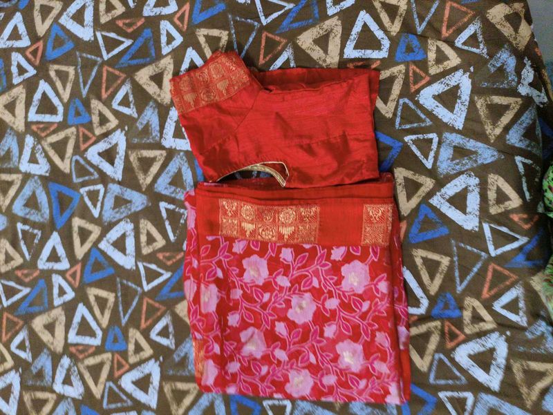 Red Floral Saree with Blouse