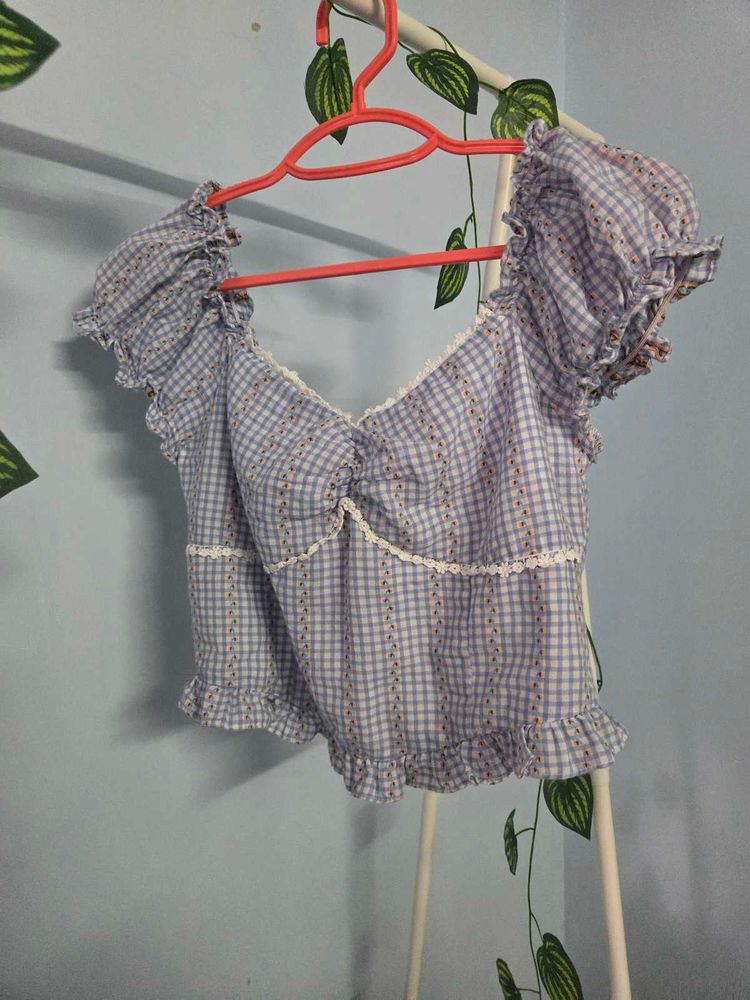 Cute Blue Gingham Puff Sleeve Top
