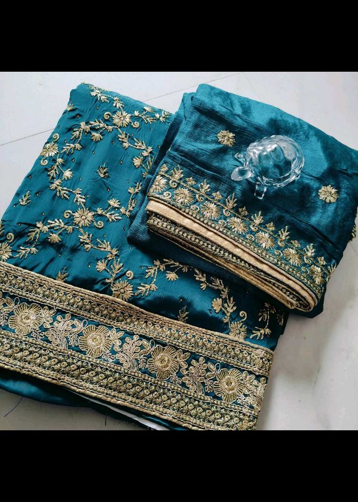 Teal Embroidered Dress Material