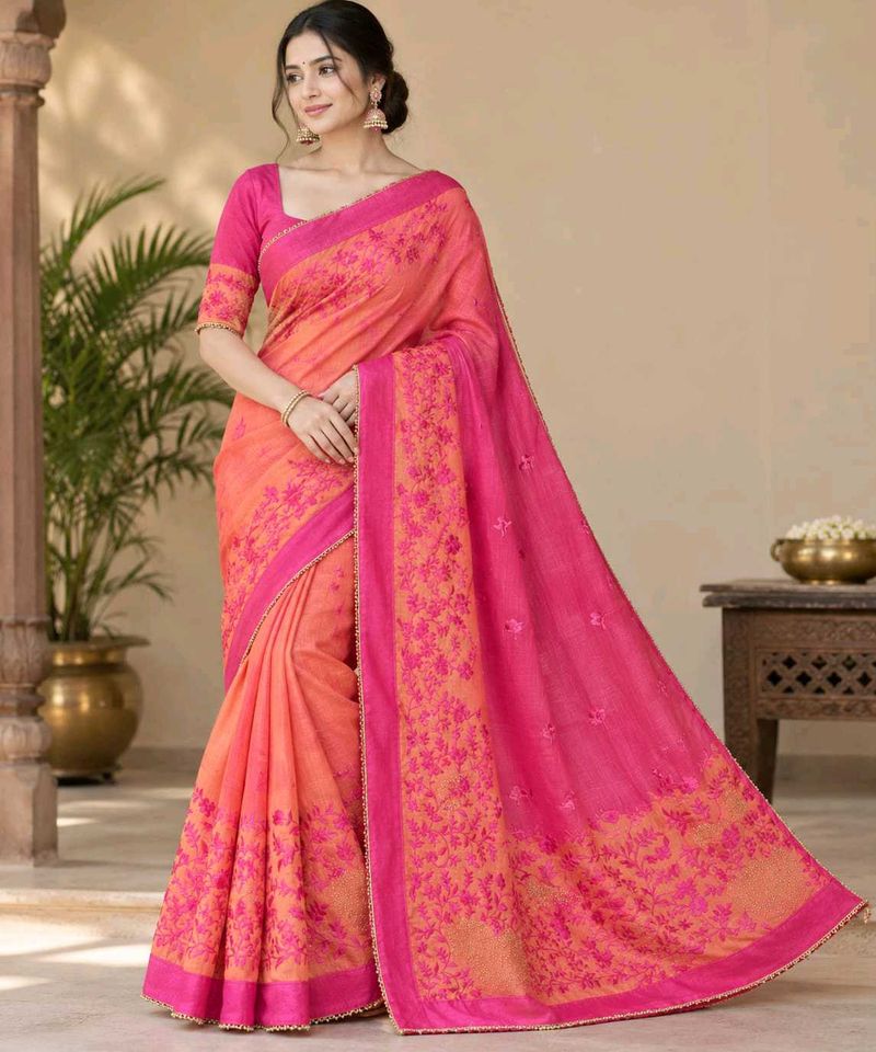 Beautiful Pink &amp; Orange Embroidered Saree