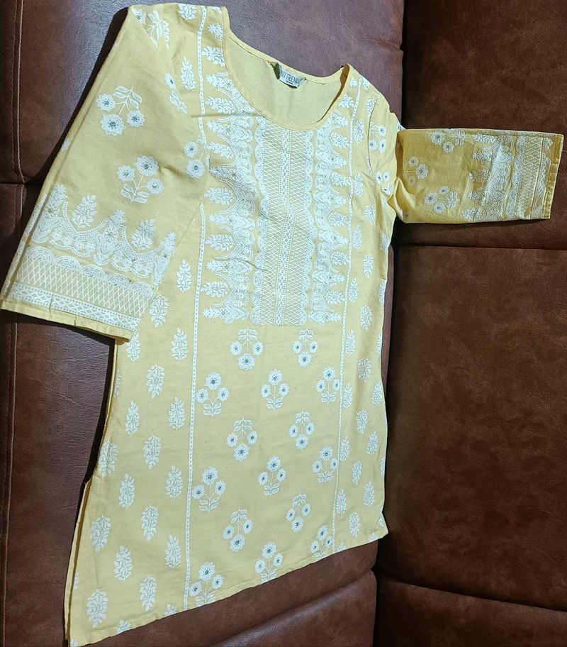 Yellow Embroidered Short Kurti