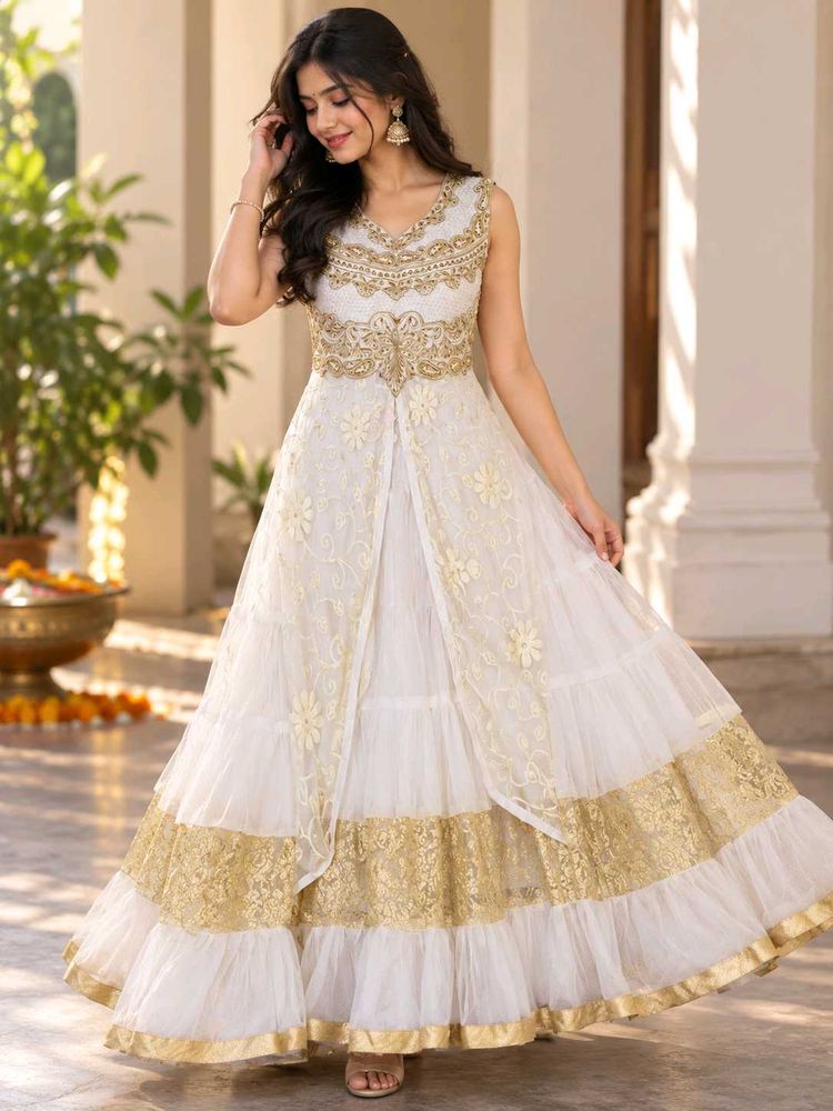 Elegant White &amp; Gold Embroidered Gown