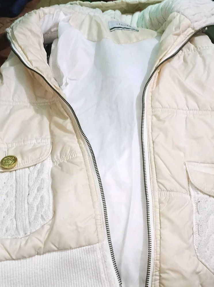 Cream Padded Jacket with Cable Knit Pockets