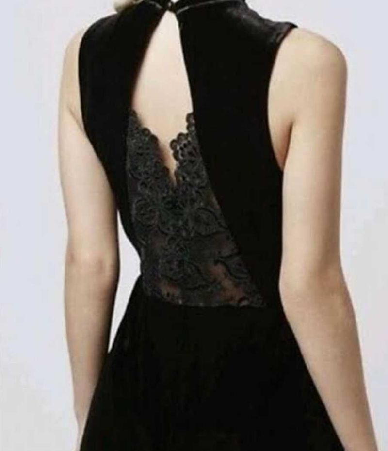 Elegant Black Velvet Dress with Lace Detail