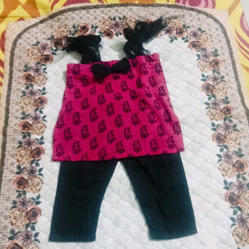 Cute Pink &amp; Black Print Top &amp; Pants Set