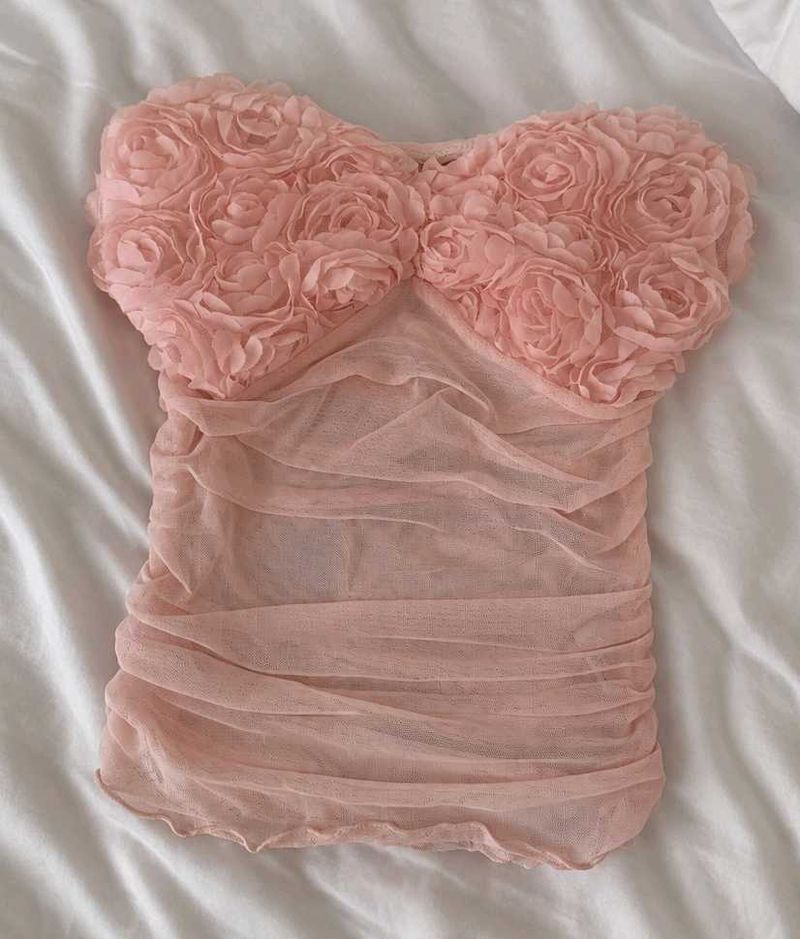 Pink Rose Embellished Mesh Top